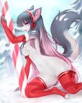  2015 anthro areola arm_warmers big_breasts black_hair blue_eyes breasts candy candy_cane christmas clothing cute detailed_background feline female food fur hair holidays inner_ear_fluff legwear long_hair looking_at_viewer mammal navel nipples open_mouth outside pussy smile solo stockings thick_thighs thigh_highs tongue tongue_out white-castle wide_hips 