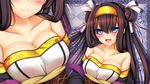 :3 :d bangs bare_shoulders beads black_hair blue_eyes blush border breasts brown_hair cleavage closed_mouth collarbone detached_sleeves double_bun fringe_trim hair_beads hair_between_eyes hair_ornament hair_ribbon hairband head_out_of_frame highres large_breasts long_hair looking_at_viewer minaha_(playjoe2005) multiple_views open_mouth patterned_background ribbon rinne_(sennen_sensou_aigis) sash sennen_sensou_aigis shawl smile strapless upper_body white_ribbon 