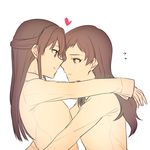  blush brown_eyes brown_hair heart idolmaster idolmaster_million_live! imminent_kiss kitazawa_shiho long_hair looking_at_another mogami_shizuka multiple_girls pclbang sepia yuri 