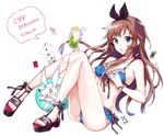  :o alice_(wonderland) alice_in_wonderland arisaka_ako bare_shoulders bead_bracelet beads bikini black_ribbon blue_bikini blue_eyes blush bracelet breasts brown_hair card cleavage collarbone commentary_request drink frilled_bikini frills front-tie_bikini front-tie_top full_body hair_ribbon innertube jewelry knees_up long_hair medium_breasts navel original playing_card promotional_art ribbon sitting sleeveless solo_focus swimsuit translation_request white_background white_rabbit 