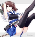  arisaka_ako arm_up armpits arrow bag black_legwear bow_(weapon) brown_eyes brown_hair commentary_request flight_deck gloves hakama_skirt handbag japanese_clothes kaga_(kantai_collection) kantai_collection looking_at_viewer muneate partly_fingerless_gloves quiver side_ponytail solo thighhighs twitter_username weapon wide_sleeves yugake 
