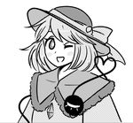  :d greyscale hat hat_ribbon komeiji_koishi looking_at_viewer maditsu monochrome one_eye_closed open_mouth ribbon short_hair smile solo third_eye touhou 