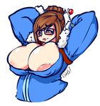  areola_slip areolae breasts brown_eyes brown_hair cleavage glasses huge_breasts mei_(overwatch) overwatch plump solo upper_body 