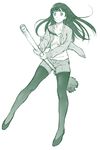  bangs between_legs broom broom_riding cardigan closed_mouth flats flying_witch full_body green holding kouda_tomohiro kowata_makoto legwear_under_shorts long_hair long_sleeves looking_at_viewer monochrome open_cardigan open_clothes pantyhose pantyhose_under_shorts shorts simple_background sketch smile solo white_background 