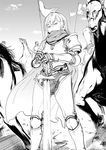  armor armored_boots boots cape chainmail cowter expressionless gauntlets greyscale hands_on_hilt highres kurofood long_hair long_sword monochrome pauldrons solo_focus sword weapon 