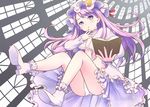  ass blush book boots capelet crescent dress from_below full_body hat kamekichi_(kamekiti) lavender_hair long_hair long_sleeves looking_at_viewer mob_cap open_book open_clothes open_dress panties pantyshot patchouli_knowledge purple_eyes solo touhou underwear white_panties 