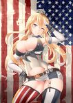  ;q american_flag american_flag_panties bangs belt blonde_hair blue_eyes breasts closed_mouth eyebrows eyebrows_visible_through_hair fingerless_gloves flag_background front-tie_top garter_straps gloves hair_between_eyes hand_on_hip head_tilt headgear iowa_(kantai_collection) kantai_collection large_breasts leaning_to_the_side long_hair looking_at_viewer microskirt mismatched_legwear navel one_eye_closed panties pantyshot pantyshot_(standing) print_panties salute shade skirt skirt_lift smile solo standing standing_on_one_leg star star-shaped_pupils star_print stomach striped symbol-shaped_pupils thighhighs tongue tongue_out underwear vertical_stripes wrist_cuffs zukky 