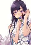  ane_naru_mono bangs black_bra black_hair blue_flower bra breasts buttons chiyo_(ane_naru_mono) collared_shirt dripping eyebrows eyebrows_visible_through_hair eyelashes flower flower_in_mouth front-tie_top hair_tucking holding holding_flower large_breasts leaf long_hair mole mole_under_eye mouth_hold pochi_(pochi-goya) purple_eyes see-through shirt simple_background skirt sleeveless sleeveless_shirt smile solo tied_shirt underwear upper_body wet wet_clothes wet_hair white_background white_shirt white_skirt 