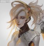  artist_name blonde_hair blue_eyes bodysuit breasts closed_mouth elbow_gloves eyelashes face gloves high_ponytail jadenplum large_breasts lips lipstick long_sleeves looking_at_viewer makeup mechanical_halo mechanical_wings mercy_(overwatch) overwatch ponytail short_hair smile solo twitter_username upper_body wings 