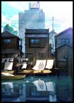  1girl bed_sheet black_border boat border building city cloud day dock house laundry light_particles mocha_(cotton) original outdoors power_lines reflection river scenery sign signature silhouette sky sunlight telephone_pole water watercraft 