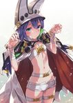  bad_id bad_pixiv_id bandeau belt blue_eyes blush cape claw_pose cosplay flat_chest guilty_gear guilty_gear_xrd hair_between_eyes hat highres idolmaster idolmaster_million_live! long_hair looking_at_viewer midriff mochizuki_anna narumi_arata navel purple_hair ramlethal_valentine ramlethal_valentine_(cosplay) revision ribbon shorts smile solo thigh_strap 