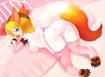  2016 anthro anus areola arm_warmers bed big_breasts big_butt blonde_hair blue_eyes blush breasts butt canine clitoris clothing ears_up eyewear female fox fur garter_straps glasses hair inviting legwear looking_at_viewer looking_back mammal nipples on_bed pawpads presenting pussy smile solo stockings thigh_highs white-castle white_fur 