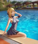  absurdres artoria_pendragon_(all) blonde_hair breasts covered_nipples fate/stay_night fate_(series) frills goldengear870 hand_in_hair highres medium_breasts palm_tree partially_submerged pool saber_alter sideboob solo thighs tight tree water yellow_eyes 