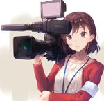  blue_eyes braid brown_hair camera collarbone earbuds earphones filming holding holding_camera ichikei open_clothes open_mouth original shirt short_hair single_earphone_removed solo upper_body video_camera white_shirt 