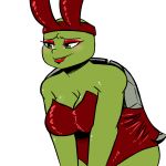  2018 anthro big_breasts breasts bunny_costume chipped_shell cleavage clothed clothing costume crossgender eyeshadow fake_ears fake_rabbit_ears female green_eyes half-closed_eyes inkyfrog leaning leaning_forward lipstick makeup raphael_(tmnt) reptile rosy_cheeks scalie shell simple_background solo teenage_mutant_ninja_turtles turtle white_background 