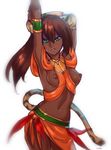  animal_ears armlet armpits arms_up bracer breasts breasts_outside brown_eyes dark_skin freckles green_eyes highres leopard_ears leopard_tail long_hair looking_at_viewer navel nipples original simple_background small_breasts solo tail typo_(requiemdusk) white_background 