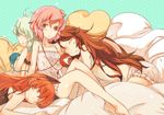  animal_ears atoki back-to-back bare_legs barefoot bloomers brown_hair cat_ears chemise closed_eyes extra_ears kaenbyou_rin komeiji_koishi komeiji_satori long_hair looking_at_viewer multiple_girls nightgown pillow red_eyes red_hair reiuji_utsuho short_hair silver_hair sitting sleeping third_eye topless touhou underwear very_long_hair wavy_hair 