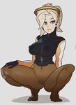  blonde_hair blue_eyes breasts cameltoe covered_nipples gloves highres large_breasts long_hair mercy_(overwatch) overwatch pantyhose pink_background puffy_nipples simple_background solo splashbrush squatting thighs 