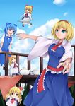  :d absurdres against_railing alice_margatroid apron blonde_hair blue_bow blue_dress blue_eyes blue_hair blue_neckwear blue_sky bow bowtie capelet cirno cloud cup day dress expressionless flying grin hair_ribbon hairband highres lance leaning_on_object long_hair looking_at_another looking_at_viewer looking_away looking_up multiple_girls open_mouth outdoors outstretched_arms polearm puppet_rings reaching_out ribbon sash shanghai_doll short_hair shou_(ahiru_shinobu) sky smile spread_arms table tablecloth teacup teapot touhou waist_apron weapon wings yellow_eyes 