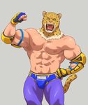  2016 41raco abs animal_head armpit_hair armpits biceps big_muscles black_fur bulge clothed clothing elbow_pads english_text faceless_male fangs feline fingerless_gloves fist flexing fur gloves green_eyes human hybrid jaguar king_(tekken) looking_at_viewer male mammal muscular muscular_male navel nipples open_mouth pecs pose raised_arm shadow sharp_teeth simple_background solo spots standing teeth tekken text tongue topless underwear video_games whiskers white_fur wrestler yellow_fur 