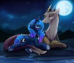  2015 antlers blue_eyes blue_feathers blue_fur blue_hair blush crown cutie_mark discord_(mlp) draconequus duo equine eye_contact fangs feathered_wings feathers female feral friendship_is_magic full_moon fur grass hair hi_res horn jewelry landscape lying lyra-senpai male mammal moon mountain my_little_pony necklace on_front outside princess_luna_(mlp) sky smile star water winged_unicorn wings 