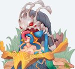  areolae bent_over blue_eyes blue_hair breasts breasts_outside collarbone forced hair_grab happening18 kneeling kog'maw large_breasts league_of_legends long_hair monster nipples oral penis rape restrained sex sona_buvelle tears twintails 
