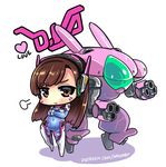  :t =3 artist_name bangs blush bodysuit brown_eyes brown_hair character_name chibi covered_navel crossed_arms d.va_(overwatch) eyebrows eyebrows_visible_through_hair facial_mark fume headphones heart long_hair looking_at_viewer mecha meka_(overwatch) navel overwatch patreon_username phandit_thirathon pilot_suit pout skin_tight solo standing swept_bangs watermark web_address whisker_markings 