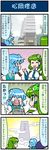  2girls 4koma artist_self-insert blue_hair blush building closed_eyes comic commentary frog_hair_ornament green_hair hair_ornament heterochromia highres karakasa_obake kochiya_sanae mizuki_hitoshi multiple_girls open_mouth real_life_insert shocked_eyes sky smile snake_hair_ornament sweat tatara_kogasa touhou translated umbrella 