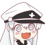  1girl :3 :d akame_ga_kill! artist_request blush blush_stickers chibi commentary esdeath eyebrows_visible_through_hair fang flat_color greek_cross gyate_gyate hat long_hair meme military military_hat military_uniform open_mouth peaked_cap silver_eyes silver_hair simple_background smile solo source_request uniform white_background 