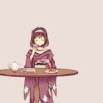  blowing brown_hair chair choker closed_eyes cookie cup facing_viewer floral_print food hairband japanese_clothes kanzaki_sumire kimono lavender_background magazine mole mole_under_eye obi plate sakura_taisen sash saucer short_hair simple_background sitting solo steam table teacup teapot violet_(flower) wato 