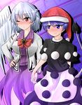  :&gt; :/ arm_behind_back blue_hair blush bow bowtie braid doremy_sweet dress full-face_blush gradient gradient_background hand_on_hip hat highres holding_hands interlocked_fingers jacket kishin_sagume layered_dress long_sleeves looking_to_the_side multiple_girls nightcap one_eye_closed open_clothes open_jacket oshiaki pom_pom_(clothes) purple_dress red_eyes short_hair short_sleeves silver_hair single_wing sweat tail tapir_tail touhou wings yuri 