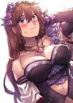  arm_behind_head bad_id bad_pixiv_id bare_shoulders blue_eyes blush breasts brown_hair cleavage constricted_pupils detached_sleeves dutch_angle flower granblue_fantasy hair_flower hair_ornament highres large_breasts long_hair looking_at_viewer navel_cutout open_mouth purple_eyes rosetta_(granblue_fantasy) solo surprised uguisu_(pix-pix) upper_body 