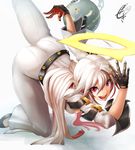  ahoge ass belt black_gloves commentary_request gloves guilty_gear guilty_gear_xrd halo jack-o'_valentine leg_up long_hair looking_at_viewer multicolored_hair open_mouth pants red_eyes red_hair smile solo sowel_(sk3) two-tone_hair white_hair 