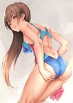  adjusting_clothes adjusting_swimsuit ass back backless_outfit bent_over brown_hair competition_swimsuit cowboy_shot from_behind holding idolmaster idolmaster_cinderella_girls long_hair looking_at_viewer looking_back nitta_minami one-piece_swimsuit open_mouth parfaitlate shiny shiny_skin smile solo swimsuit towel wet yellow_eyes 
