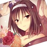  blush bouquet brown_eyes brown_hair choker clapping close-up collarbone commentary_request confetti flower flower_request hairband hat japanese_clothes kanzaki_sumire kimono leaf light_smile mole mole_under_eye party_hat red_ribbon ribbon ribbon_choker rose sakura_taisen solo_focus wato 