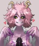  ashido_mina black_sclera blush boku_no_hero_academia breasts collarbone grin heart horns looking_at_viewer medium_breasts open_clothes open_shirt out-of-frame_censoring pink_hair purple_background purple_skin sexually_suggestive shirt short_hair silhouette simple_background slime smile solo suggestive_fluid teeth translated tzw999 yellow_eyes 