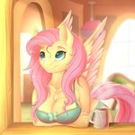  2016 anthro anthrofied bra breasts cleavage clothed clothing cup equine evehly eyelashes feathered_wings feathers female fluttershy_(mlp) friendship_is_magic fur hair inside long_hair mammal my_little_pony panties pegasus pink_hair smile solo underwear wings yellow_feathers yellow_fur 