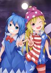  ;d absurdres american_flag_dress american_flag_legwear blonde_hair blue_dress blue_eyes blue_hair bow bowtie cirno clenched_hand clownpiece dress fairy_wings full_moon grin hair_ribbon hat highres jester_cap long_hair looking_at_viewer moon multiple_girls night one_eye_closed open_mouth outdoors outstretched_arm pantyhose polka_dot ribbon short_hair short_sleeves shou_(ahiru_shinobu) side-by-side smile touhou v very_long_hair water wings 