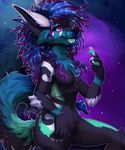  2016 anthro black_fur black_nose blue_eyes blue_fur blue_hair breasts canine detailed_background featureless_breasts featureless_crotch female fivel fur green_fur green_pawpads green_tongue hair hi_res looking_at_viewer mammal multicolored_fur multicolored_hair navel nude open_mouth pawpads purple_hair purple_sclera smile solo space tuft two_tone_hair white-claws white_fur wolf 