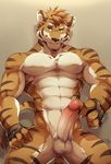  2016 abs anthro balls claws clothing erection feline fingerless_gloves gloves leaf looking_at_viewer male mammal muscular nude pecs penis rabbity smile solo stripes tiger 