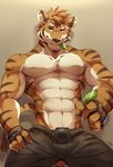  2016 abs anthro clothing feline fingerless_gloves gloves leaf looking_at_viewer male mammal muscular pants pecs rabbity smile solo stripes tiger 