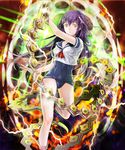 arm_up bangs blade covered_navel eyebrows eyebrows_visible_through_hair glowing hair_between_eyes hair_ornament kuroi lightning long_hair looking_at_viewer mecha_musume neckerchief official_art old_school_swimsuit one-piece_swimsuit original purple_hair school_swimsuit school_uniform senjou_no_electro_girl serafuku short_sleeves solo sparkle standing standing_on_one_leg swimsuit swimsuit_under_clothes yellow_eyes 