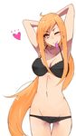  ;) arms_behind_head arms_up bad_id bad_pixiv_id black_bra black_panties bra condom condom_in_mouth cowboy_shot grin heart jont long_hair looking_at_viewer mikuni_kumi mouth_hold mx0 navel one_eye_closed orange_eyes orange_hair panties sidelocks simple_background smile solo thigh_gap underwear underwear_only very_long_hair white_background 