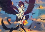  absurdres artist_name autumn_leaves bird black_hair black_legwear black_skirt black_wings blue_sky breasts camera cloud collared_shirt crow day feathered_wings feathers floating frilled_skirt frills hat highres holding holding_camera holding_leaf knee_up leaf looking_at_viewer medium_breasts miniskirt pointy_ears red_eyes ribbon shameimaru_aya shirt short_hair short_sleeves skirt sky solo sunset thighhighs tokin_hat touhou white_shirt wings zettai_ryouiki zuosi_zhichu 