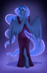  2016 anthro anthrofied clothed clothing dress equine eyelashes fairdahlia feathered_wings feathers female friendship_is_magic hair hi_res hooves horn looking_at_viewer looking_back mammal my_little_pony princess_luna_(mlp) solo underhoof winged_unicorn wings 