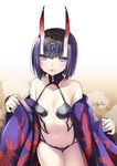  47agdragon :o bangs black_panties breasts collarbone cowboy_shot eyebrows eyebrows_visible_through_hair fate/grand_order fate_(series) hair_ornament highres horns japanese_clothes kimono looking_at_viewer navel oni oni_horns open_mouth panties purple_eyes purple_hair short_hair shuten_douji_(fate/grand_order) signature small_breasts solo underwear undressing wide_sleeves 