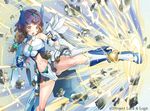  :o armor bare_shoulders blush boots braid breasts brown_eyes brown_hair cleavage clenched_hands clover clover_hair_ornament copyright_name floating_hair four-leaf_clover four-leaf_clover_hair_ornament gloves hair_ornament helmet kicking large_breasts leg_lift long_hair luck_&amp;_logic mecha_musume mechanical_wings midriff nanahoshi_yukari navel official_art ogino_atsuki open_mouth side_braid single_braid solo standing standing_on_one_leg sweatdrop v-shaped_eyebrows watermark wings 
