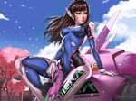  animal_print arm_support artist_name bangs black_hair blue_bodysuit blue_sky bodysuit bracer breasts breasts_apart brick_wall brown_eyes bunny_print character_name charm_(object) cherry_blossoms closed_mouth clothes_writing cloud covered_navel covered_nipples d.va_(overwatch) dandon_fuga day english facebook_username facepaint facial_mark finger_on_trigger gloves gun handgun headphones hips holding holding_gun holding_weapon knee_up light_smile lips looking_to_the_side mecha medium_breasts meka_(overwatch) outdoors overwatch petals pilot_suit pink_lips railing ribbed_bodysuit robot_ears sitting skin_tight sky smile solo thighs transparent tree turtleneck watermark weapon web_address whisker_markings white_gloves 