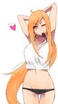  ;) armpits arms_behind_head arms_up bad_id bad_pixiv_id black_panties blush camisole condom condom_in_mouth condom_wrapper cowboy_shot crop_top grin heart jont long_hair looking_at_viewer mikuni_kumi mouth_hold mx0 navel one_eye_closed orange_eyes orange_hair panties sidelocks simple_background smile solo thigh_gap underwear very_long_hair white_background 