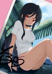  a_channel arm_support bikini black_hair blush breasts day dutch_angle hair_over_breasts highres kuroda_bb large_breasts leaning_forward long_hair looking_at_viewer nishi_yuuko no_pants outdoors parted_lips photo_(object) purple_bikini red_eyes scan shirt short_sleeves side-tie_bikini sidelocks sitting solo swimsuit very_long_hair white_shirt 